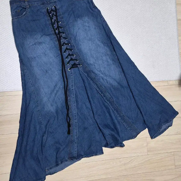 [BUNJANG] Vintage Mori Girl Style Washed Denim Long Skirt with Eyelet Lacing / 빈티지 모리걸 하구미 바선생 아일렛 끈 워싱 데님 청 롱 스커트
