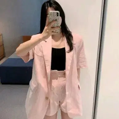 [BUNJANG] Adel Linen Oversized Jacket and Pants Set (Pink) / (아델) 린넨 자켓 반바지 (핑크)