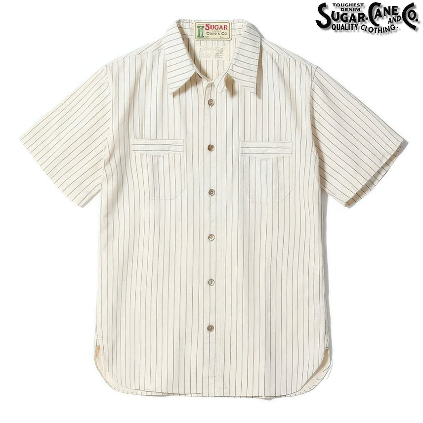 [BUNJANG] Sugar Cane Fiction Romance 8.5oz White Wabash Stripe Short Sleeve Shirt / 슈가케인 픽션 로맨스 8.5온스 화이트 와바시 스트라이프 반팔 셔츠