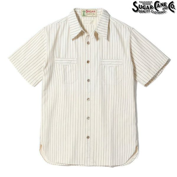 [BUNJANG] Sugar Cane Fiction Romance 8.5oz White Wabash Stripe Short Sleeve Shirt / 슈가케인 픽션 로맨스 8.5온스 화이트 와바시 스트라이프 반팔 셔츠