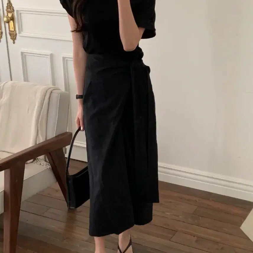 [BUNJANG] Black Linen Wrap Long Skirt / 교신안함)블랙 린넨 랩 롱 스커트