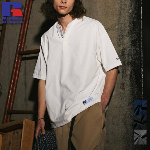 [BUNJANG] Freaks Store x Russell Athletic Color Blocked Henly Neck Oversized T-Shirt / 프릭스 스토어 별주 러셀 애슬레틱 오버핏 배색 헨리넥 티셔츠