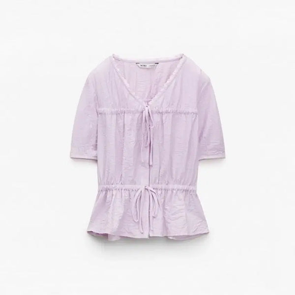 [BUNJANG] MIXXO Ribbon Shirring Blouse Lavender (S) / 미쏘 MIXXO 리본 셔링 블라우스 S (연보라/라벤더)
