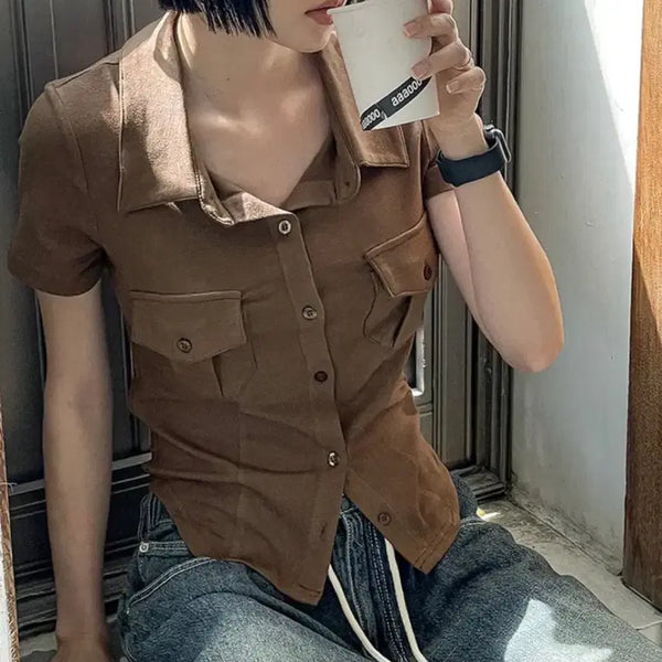 [BUNJANG] Dangdanggeol Short Sleeve Shirt Brown / 당당걸 반팔 셔츠 브라운 (새상품)