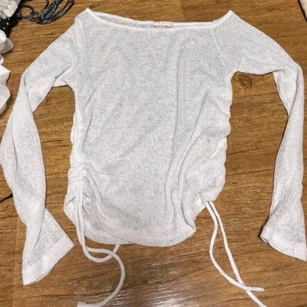 [BUNJANG] White Shirring See-Through Long Sleeve Blouse / 흰색 셔링 롱슬리브 시스루느낌 4455사이즈 허리조임 긴팔티셔츠 블라우스