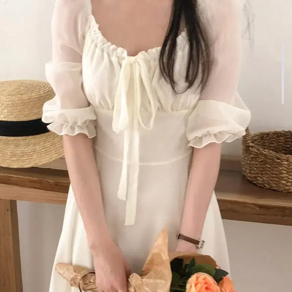 [BUNJANG] Your Rose Angel Ribbon Shirring Chiffon Flare Mini Dress / 프롬데이원 엔젤 리본 셔링 쉬폰 플레어 원피스 하객룩 데이트룩 유어로즈