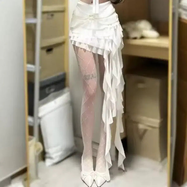[BUNJANG] White Ruffle Asymmetrical Short Skirt Fairycore / (새상품)화이트 프릴 언발 숏스커트 치마 페어리코어 (속바지O) [옷]