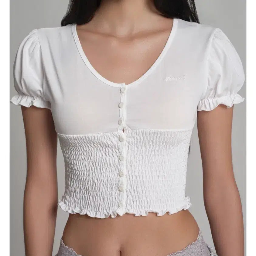 [BUNJANG] Klishier Sugar Crepe Smoking Puff Top White / (새상품) 클리시어 슈가 크레페 스모킹 퍼프 탑 화이트