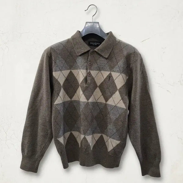 [BUNJANG] Yves Saint Laurent Wool Argyle Pattern Knit 95 / 입생로랑 옴므 아가일 패턴 울 카라 니트 95