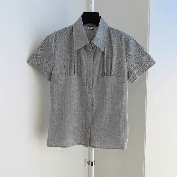 [BUNJANG] Micro Check Cotton Short-Sleeve Blouse / 교신안함)잔체크 코튼 블라우스