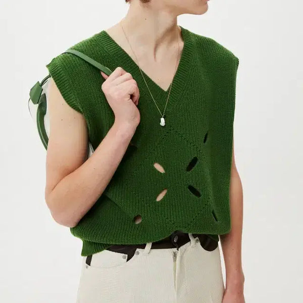 [BUNJANG] Moon Sun Argyle Hole Knit Vest Green / 문썬 아가일 홀 니트 베스트 그린