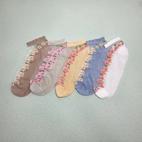 [BUNJANG] 5 Colors Mesh Ankle Socks with Flower Detail - Women's / (5색상)망사 반양말 삭스 꽃 여성양말