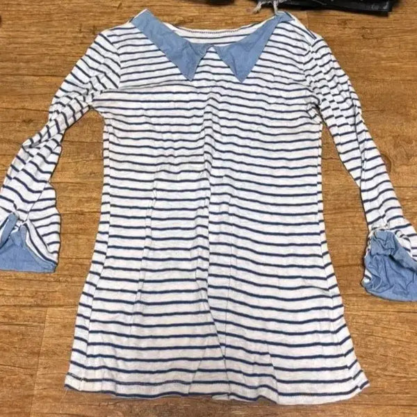 [BUNJANG] Striped Collar Blouse 7-Sleeve Top / 단가라 셔츠 카라 블라우스 스트라이프티셔츠 7부티 봄가을옷 여자티셔츠