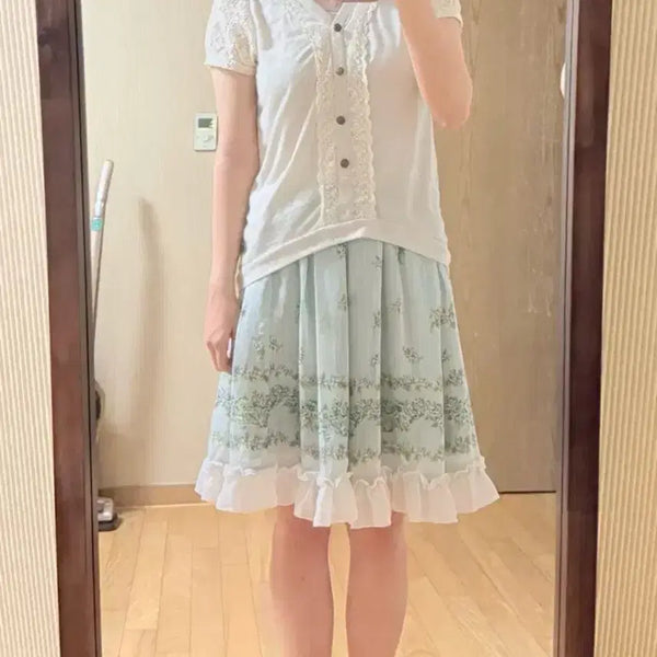[BUNJANG] Axies Farm Vintage Mori Girl Lace Short Sleeve Blouse + Mint Flower Pattern Skirt Set / 빈티지 모리걸 엑시즈팜 레이스 반팔 블라우스 + 민트 플라워 패턴 스커트