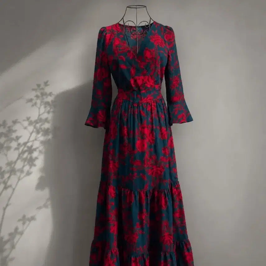[BUNJANG] Red Flower Pattern Maxi Dress / 레드 플라워 롱원피스 / 맥시기장