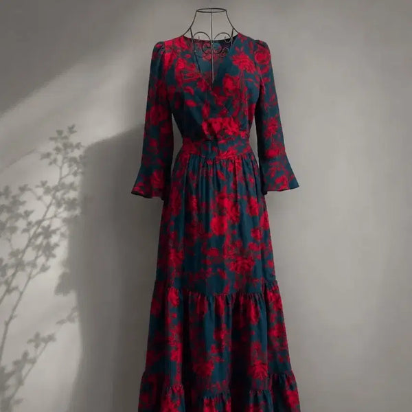 [BUNJANG] Red Flower Pattern Maxi Dress / 레드 플라워 롱원피스 / 맥시기장