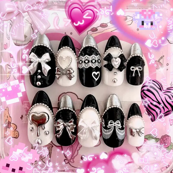 [BUNJANG] Handmade Nail Tips Set - Black, Silver, White, Gothic, Princess / (빠른배송)블랙 실버 화이트 수제네일팁 갸루 하이틴 공주 히메 양산형