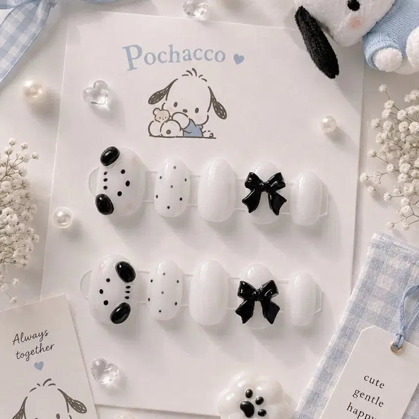 [BUNJANG] Pochacco Ribbon Dot Syrup Handmade Nail Tips / (할인)포차코 리본 도트 시럽젤 수제네일팁
