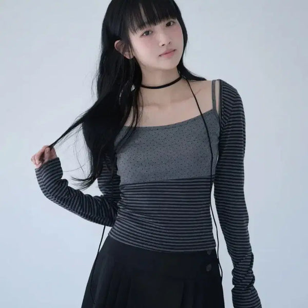 [BUNJANG] Mireco Mixed Pattern Cami & Bolero Set Charcoal / 미레코 나시&볼레로 세트 차콜색상