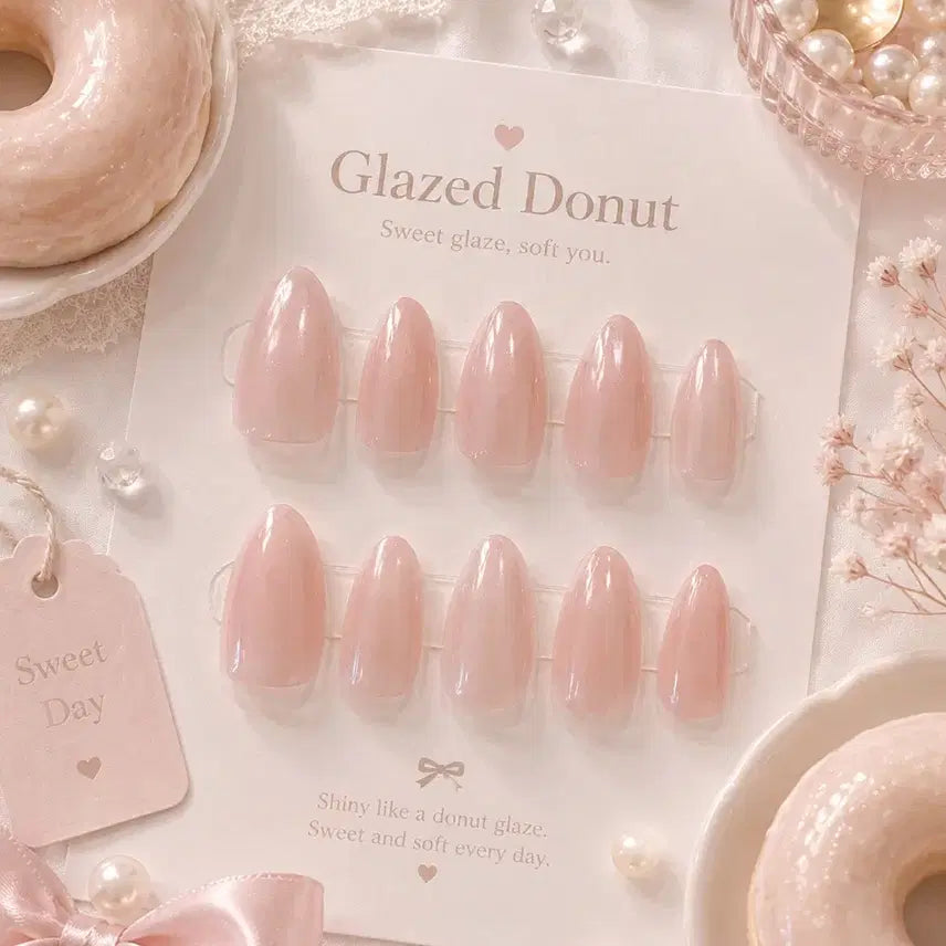 [BUNJANG] Handmade Nail Tips - Pink Glazed Donut Almond Shape / 핑크 글레이즈드 도넛 수제네일팁