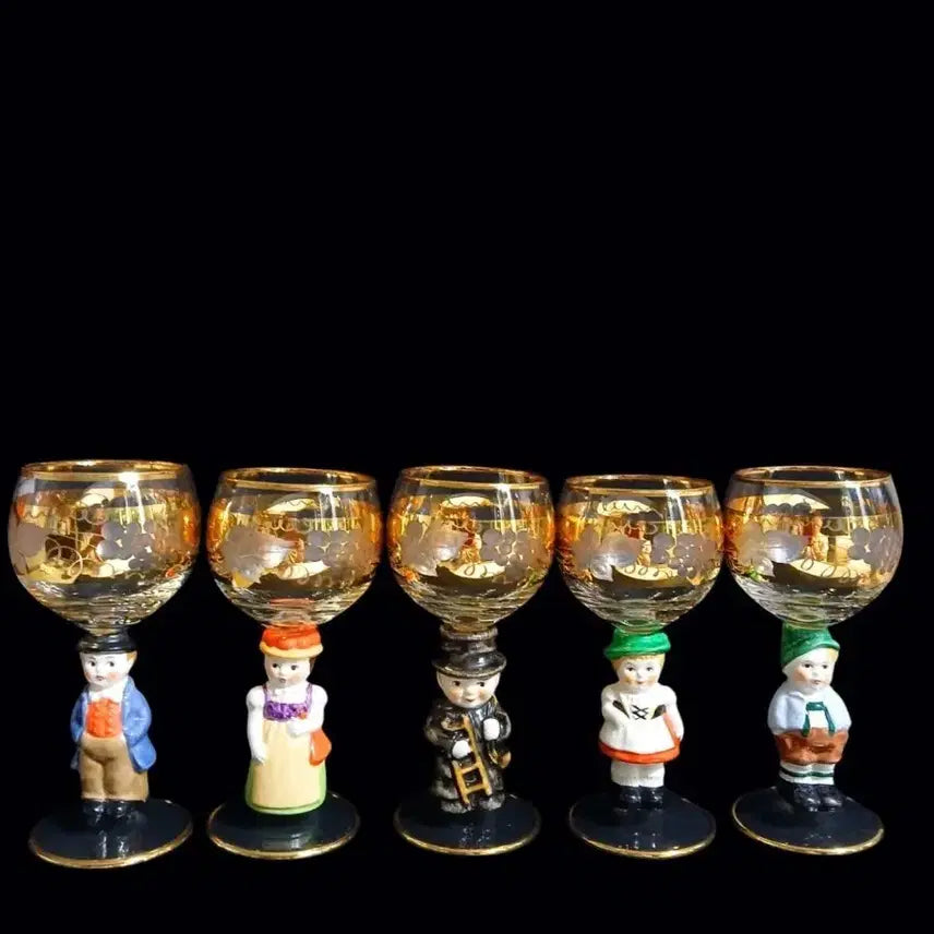 [BUNJANG] German Gobel Porcelain Figurine 14k Gold Trim Wine Glass Set / 독일 괴벨 피겨린 와인잔 셋트