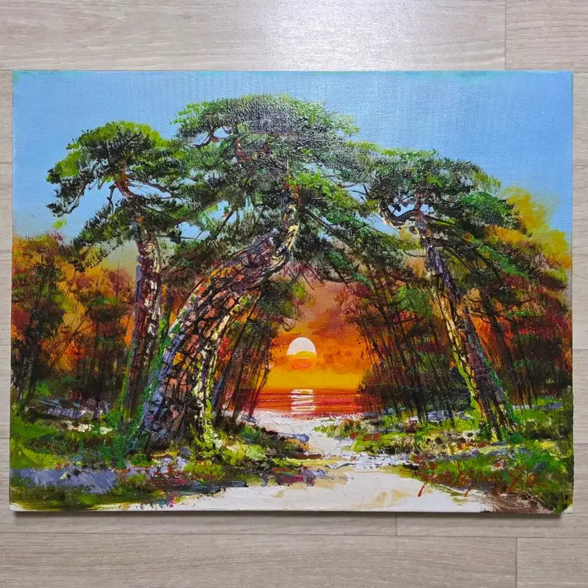 [BUNJANG] Yoon Kyung Sik "Pine Forest Sunrise" Oil Painting (Size 10) / 소나무 숲과 일출 그림