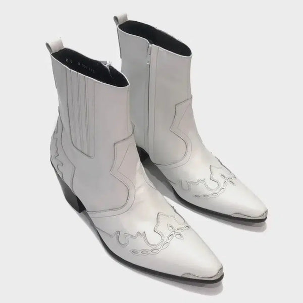 [BUNJANG] Jo & Sue Handmade Western Heel Boots - White / 조앤슈 수제화 웨스턴 힐 부츠 화이트
