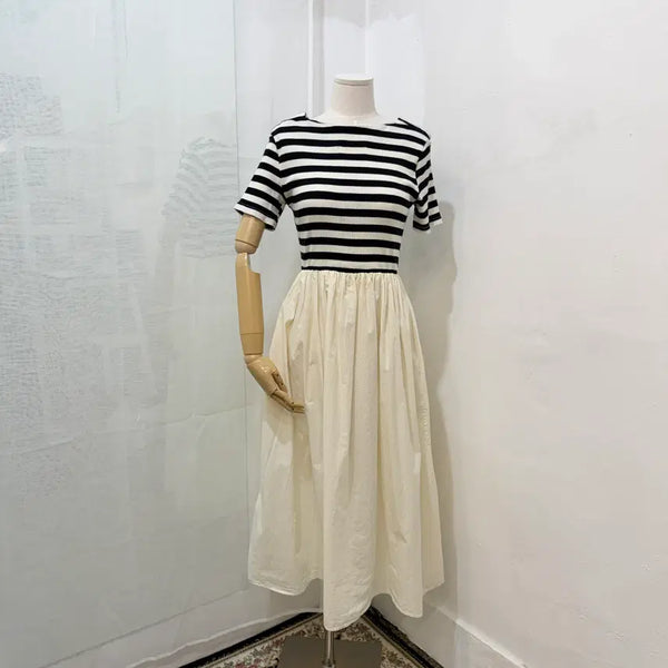 [BUNJANG] Stripe Knit Short Sleeve Long Dress / 스트라이프니트 반팔 롱원피스 레이어드 롱드레스 4727