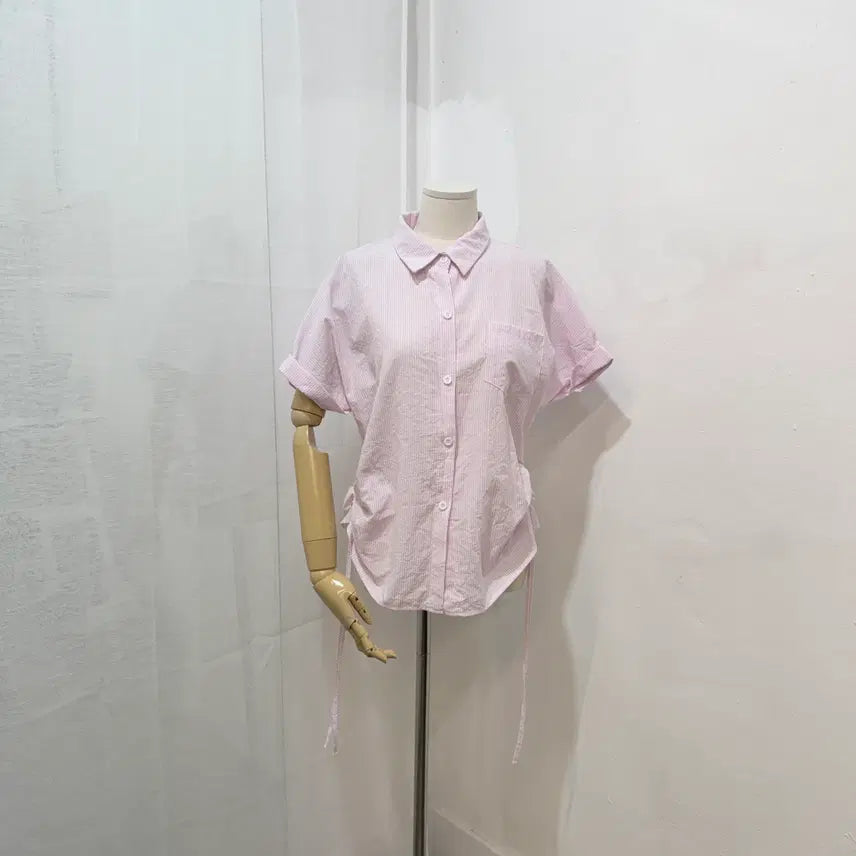 [BUNJANG] Side String Pink Striped Short Sleeve Shirt / 사이드스트링 핑크 줄무늬 반팔셔츠 스트라이프셔츠 4758