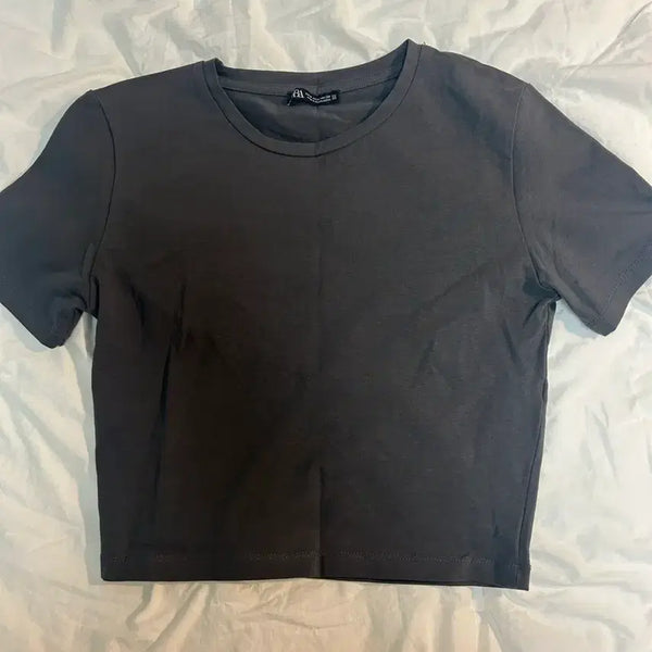 [BUNJANG] Zara Cropped Short Sleeve T-Shirt Charcoal / 자라 크롭 반팔티 차콜
