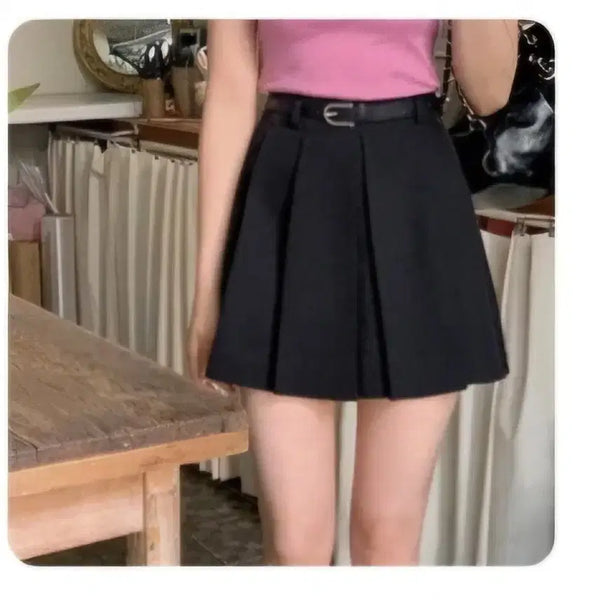 [BUNJANG] Black Pleated Midi Skirt with Belt Detail / 검정색 플리츠 스커트 벨트O