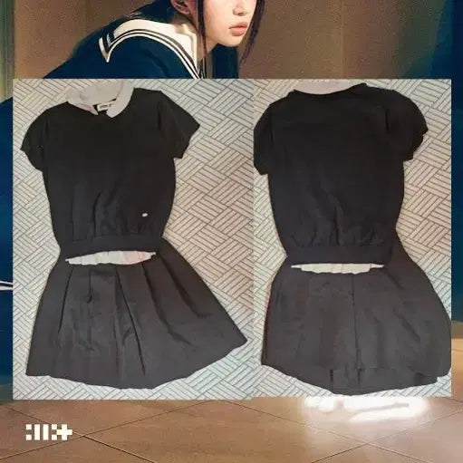 [BUNJANG] Black Short-Sleeve Collar Shirt + Black Pleated Skirt School Look Set / 블랙 반팔 카라+검정 플리츠 스커트 스쿨룩 세트
