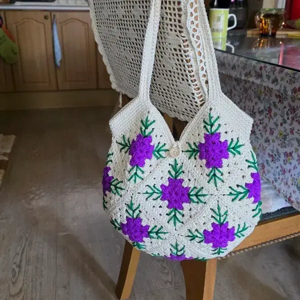 [BUNJANG] Hand-Knitted Purple Flower Pattern Shoulder Bag (Large) / 손뜨개가방(퍼플숄더 대)