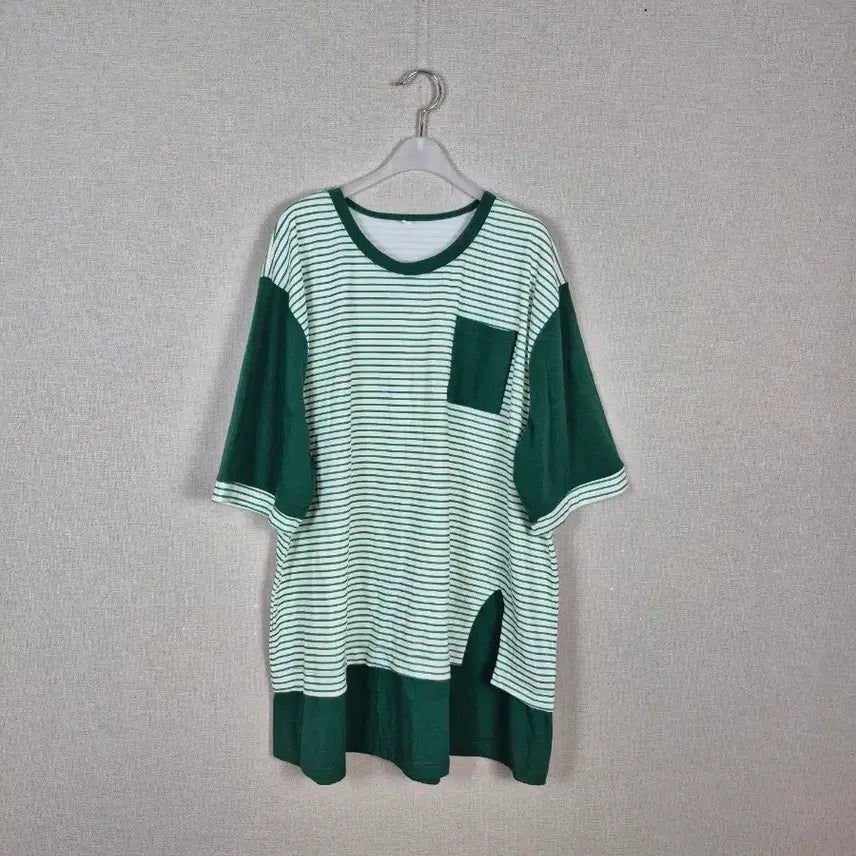 [BUNJANG] Plus Size Green Stripe Short Sleeve T-Shirt / (#99추천/4xl)빅사이즈 그린 스트라이프 반팔티