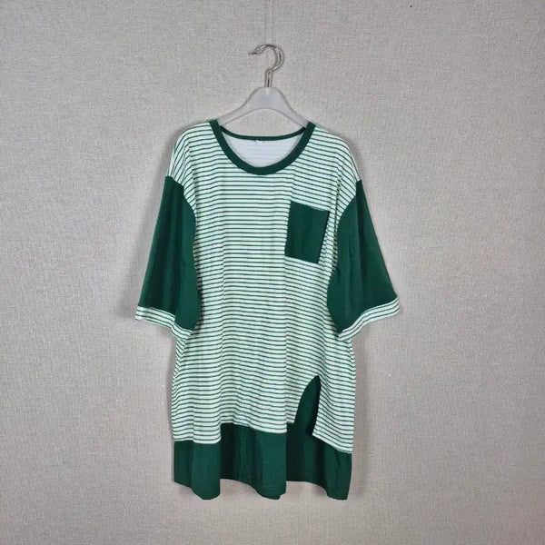 [BUNJANG] Plus Size Green Stripe Short Sleeve T-Shirt / (#99추천/4xl)빅사이즈 그린 스트라이프 반팔티