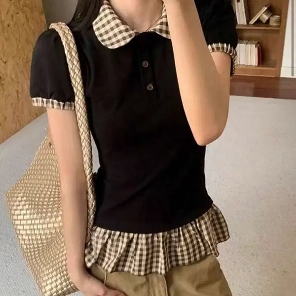 [BUNJANG] Checkered Collar Short Sleeve Lace Blouse / 체크 카라 반팔 레이스 블라우스