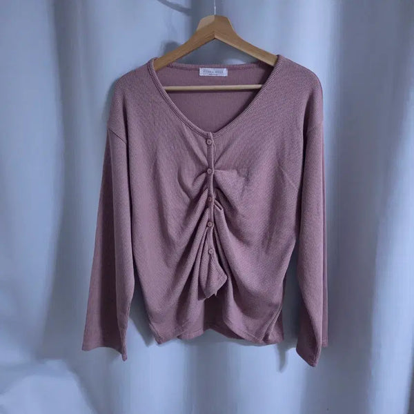 [BUNJANG] Shirring Ribbed V-Neck Cardigan / 셔링 골지 브이넥 가디건 새옷