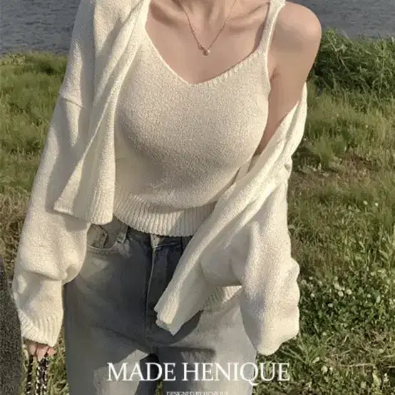 [BUNJANG] HINIQUE Amber Sleeveless Cardigan Set - Ivory / 히니크 엠버 나시 가디건 세트 아이보리