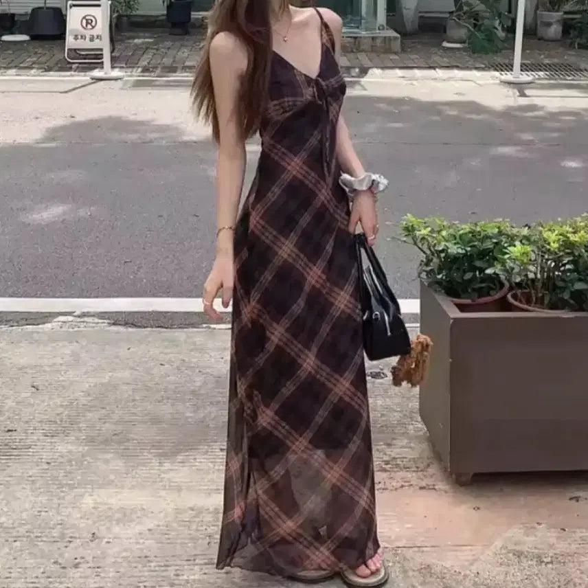 [BUNJANG] Checkered Sleeveless Long Dress One Size / 체크 나시 롱 원피스 프리사이즈