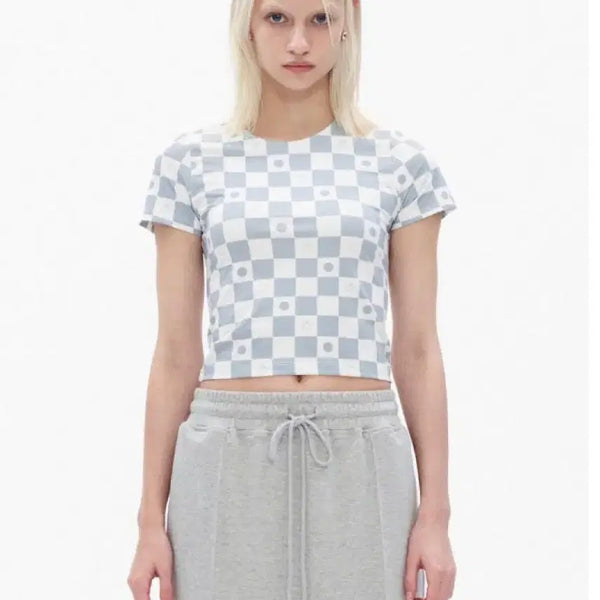 [BUNJANG] TheOpen Product Checkerboard Pattern T-Shirt Grey / 더오픈프로덕트 반팔 티셔츠 체커보드 패턴 반팔 티셔츠 그레이