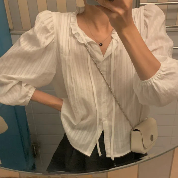 [BUNJANG] Grand Bloom Belle Frill Pintuck Blouse (Black) / 그랑블룸 베르 프릴 핀턱 블라우스 (블랙)