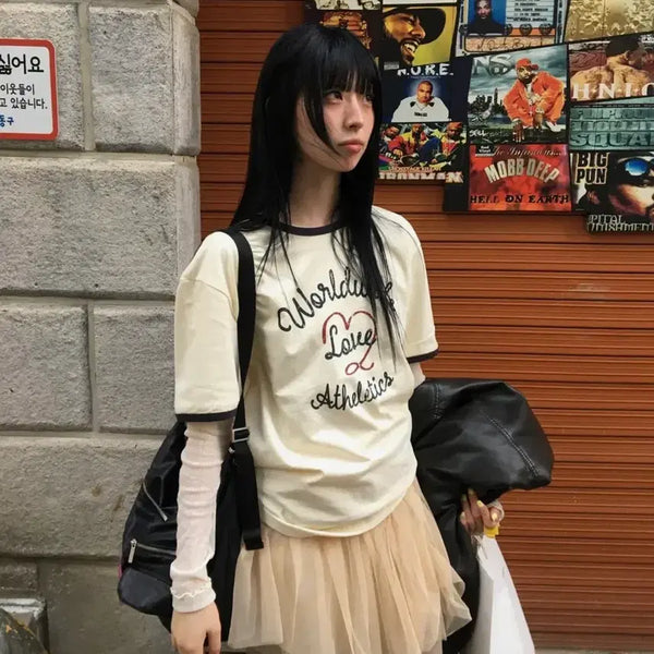 [BUNJANG] Memethewardrobe Heart Ringer T-Shirt Cream / [새상품]밈더워드로브 하트 링거 반팔티 크림