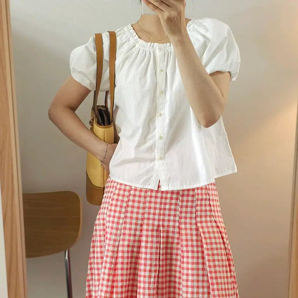 [BUNJANG] (F)WEATHER Women's Short Sleeve Blouse with Volume Shirring - White / (F)WEATHER 여성 반팔 블라우스 볼륨 셔링 화이트