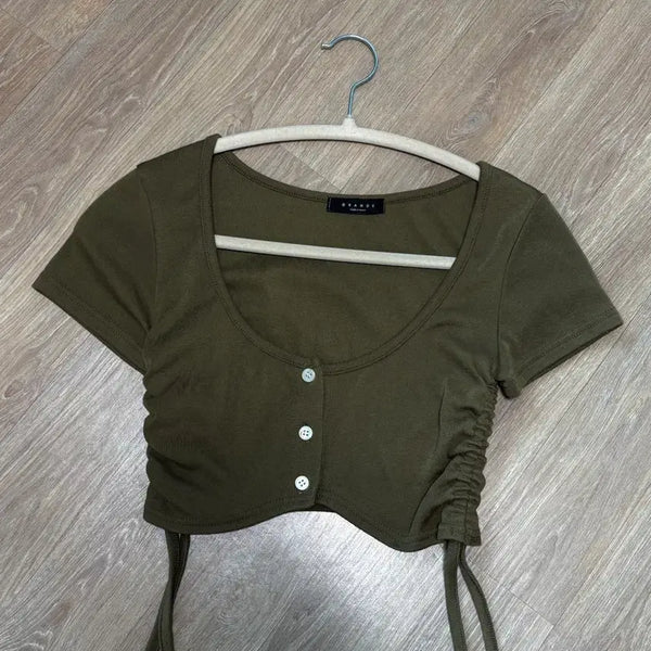 [BUNJANG] Khaki Cropped Short-Sleeve T-Shirt / 카키 크롭 반팔