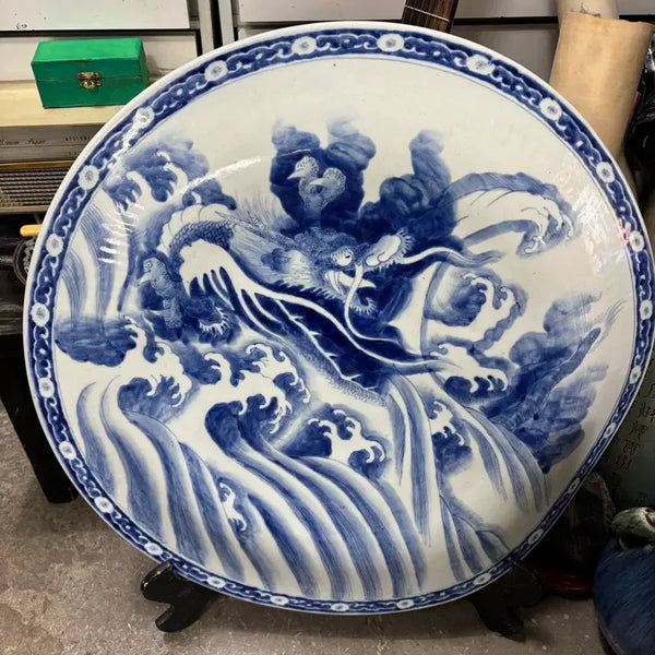 [BUNJANG] Blue and White Porcelain Large Plate with Dragon Motif (Asymmetrical Glaze) / 청화백자 용문 대형 접시 (한쪽어그리)