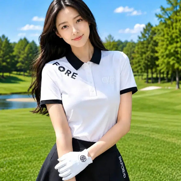 [BUNJANG] G/FORE Women's Lettering Color-Blocked Collar Short Sleeve Polo Shirt - White / 지포어 골프 여성 레터링 배색 카라 반팔 폴로 셔츠 M