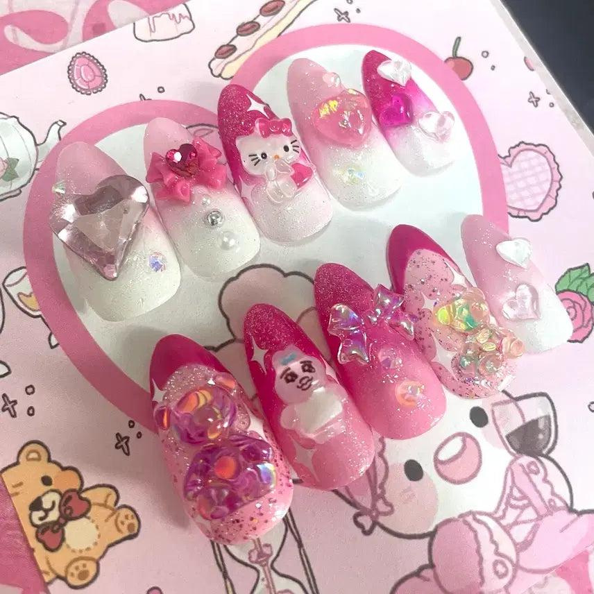 [BUNJANG] Handmade Strawberry Milk Pink Nail Tips with Hello Kitty & Bunny Charm / (빠른배송)딸기우유 핑크 수제네일팁 헬로키티 빤쮸토끼 갸루 하이틴 공주