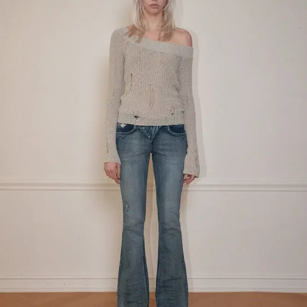 [BUNJANG] Bohemian Seoul GRUNGE ONE-SHOULDER KNIT, Beige / 보헤미안서울 GRUNGE ONE-SHOULDER KNIT, BEIGE