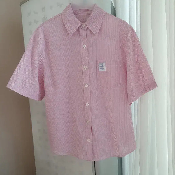 [BUNJANG] Beirut Half Sleeve Seersucker Shirt Pink Stripe / 베이루트 하프 슬리브 시어서커 셔츠