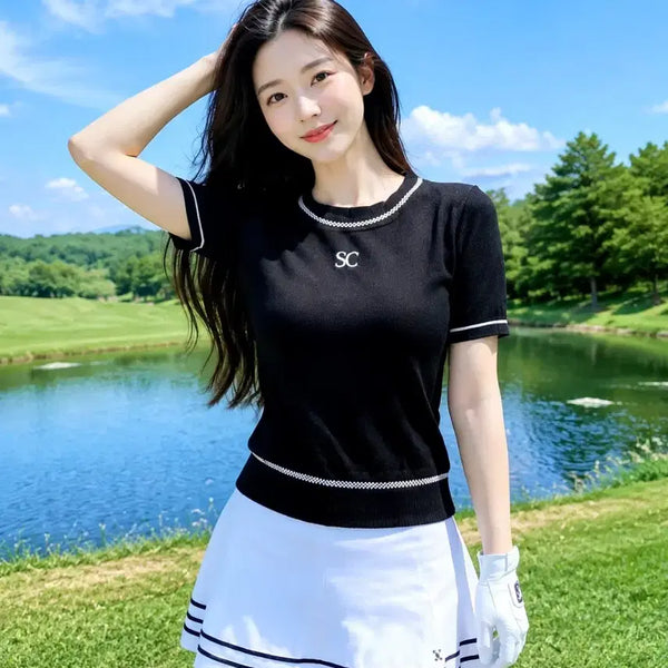 [BUNJANG] Southcape Golf Women's SC Logo Round Neck Color Block Short Sleeve T-Shirt - Size M / (새제품)사우스케이프 골프 여성용 SC 로고 라운드넥 배색 반팔  M